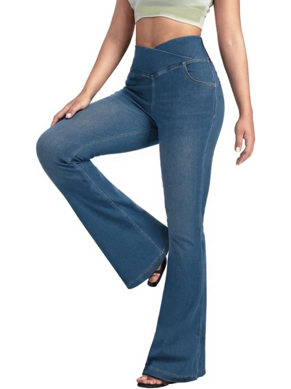 High Waisted Blue Flare Jeans for Women | Knit Crossover Bootcut Bell Bottoms